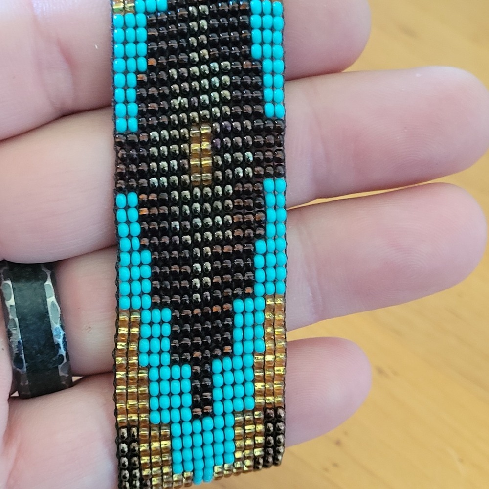Handmade Loom Beaded Cuff Bracelet Turquoise Gold Geometric Southwestern Boho